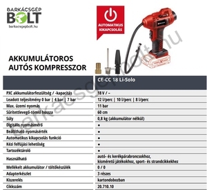 Einhell CE-CC 18 LI-SOLO akkus autós kompresszor (2071010)