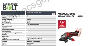 Einhell TE-AG 18/115-2 LI-Solo akkus sarokcsiszoló (4431166)