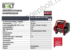 Einhell TE-AC 36/150 Li OF-Solo akkus kompresszor (4020415)