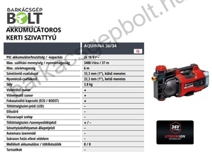 Einhell AQUINNA 36/34 LI-Solo akkus kerti szivattyú (4180450)