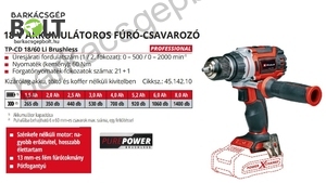 Einhell TP-CD 18/60 Li BL-Solo akkus fúró-csavarozó (4514210)