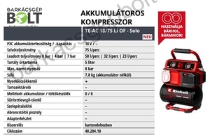 Einhell TE-AC 18/75 Li OF-Solo akkus kompresszor (4020410)